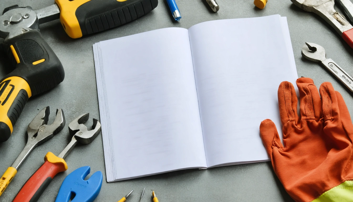 A workbench with tools and a training manual in a professional workshop setting