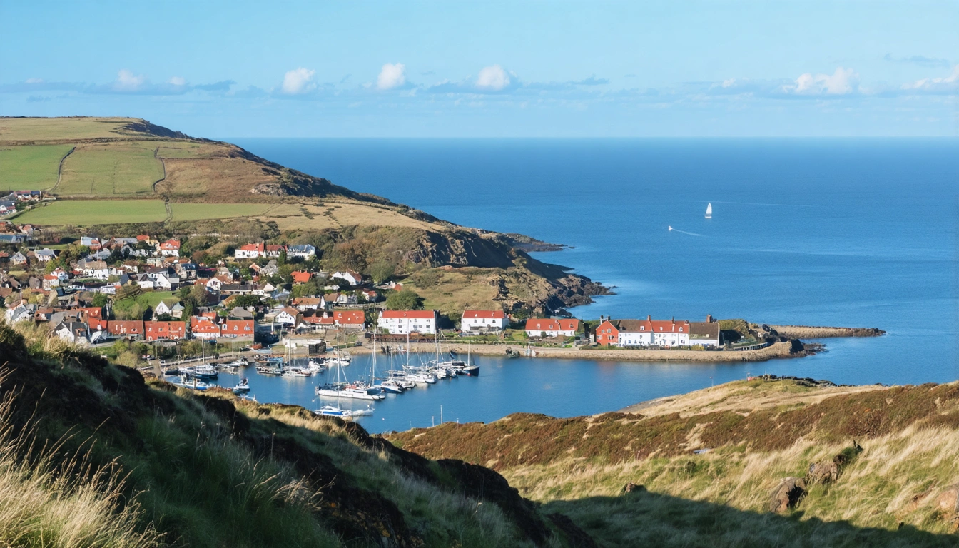 A scenic British coastal town viewed from a hillside on a clear day