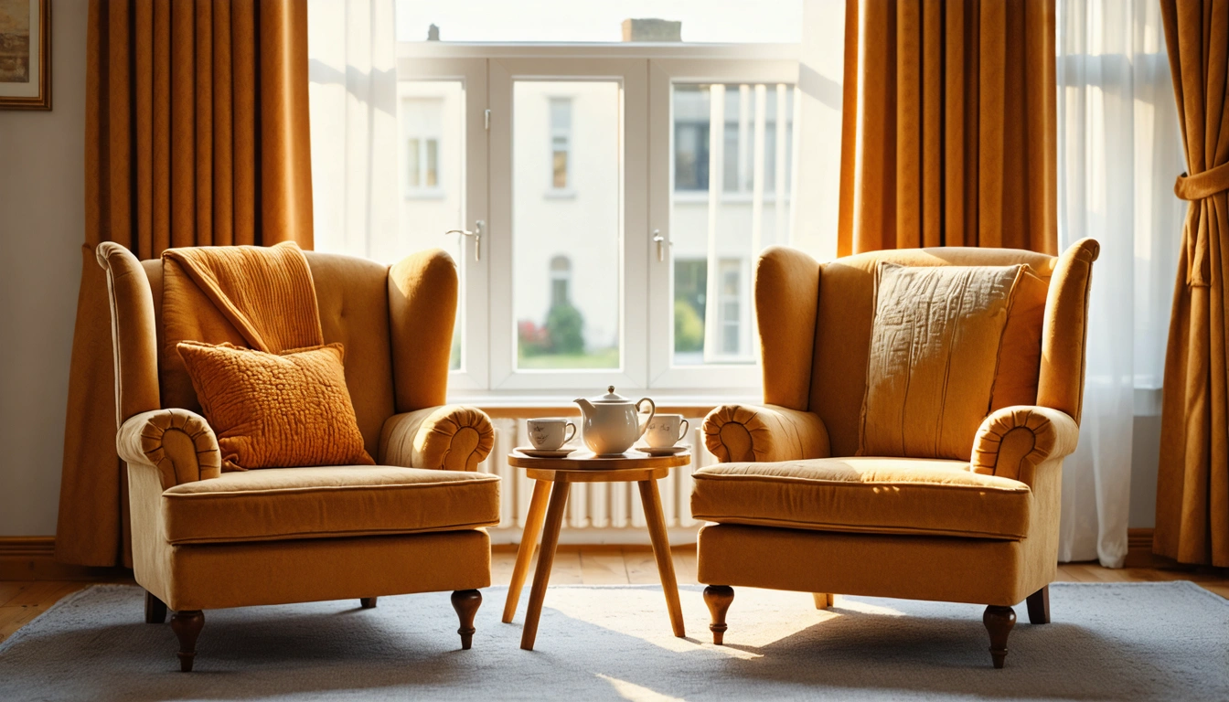 A warm domestic interior with two generations sharing a quiet afternoon together
