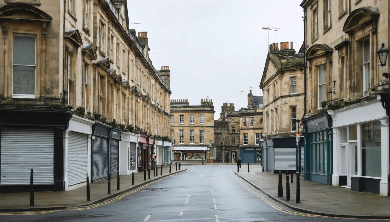 A quiet British high street on a weekday morning with some empty shop units