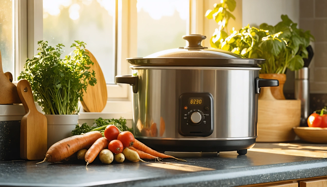A slow cooker on a kitchen counter with root vegetables and herbs beside it