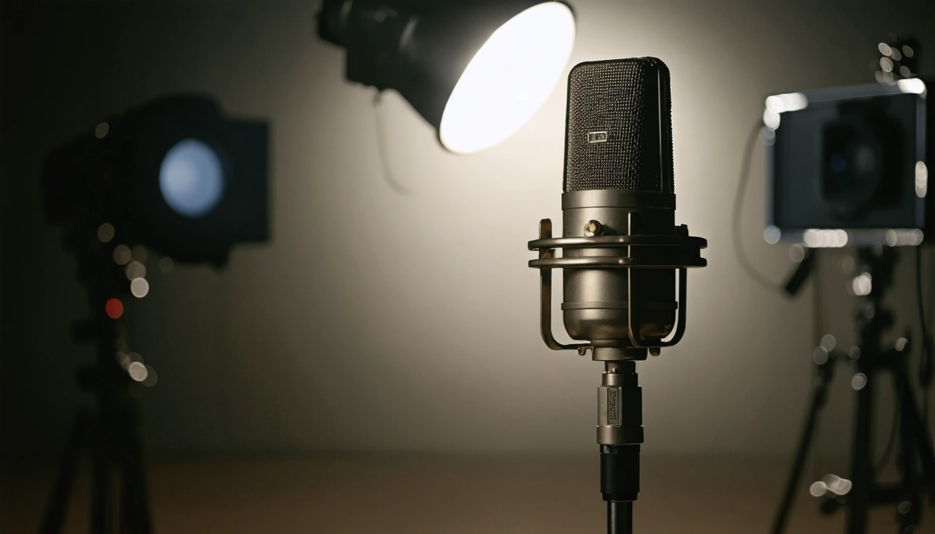 A broadcast studio microphone glowing under stage lights in a dimly lit British television studio